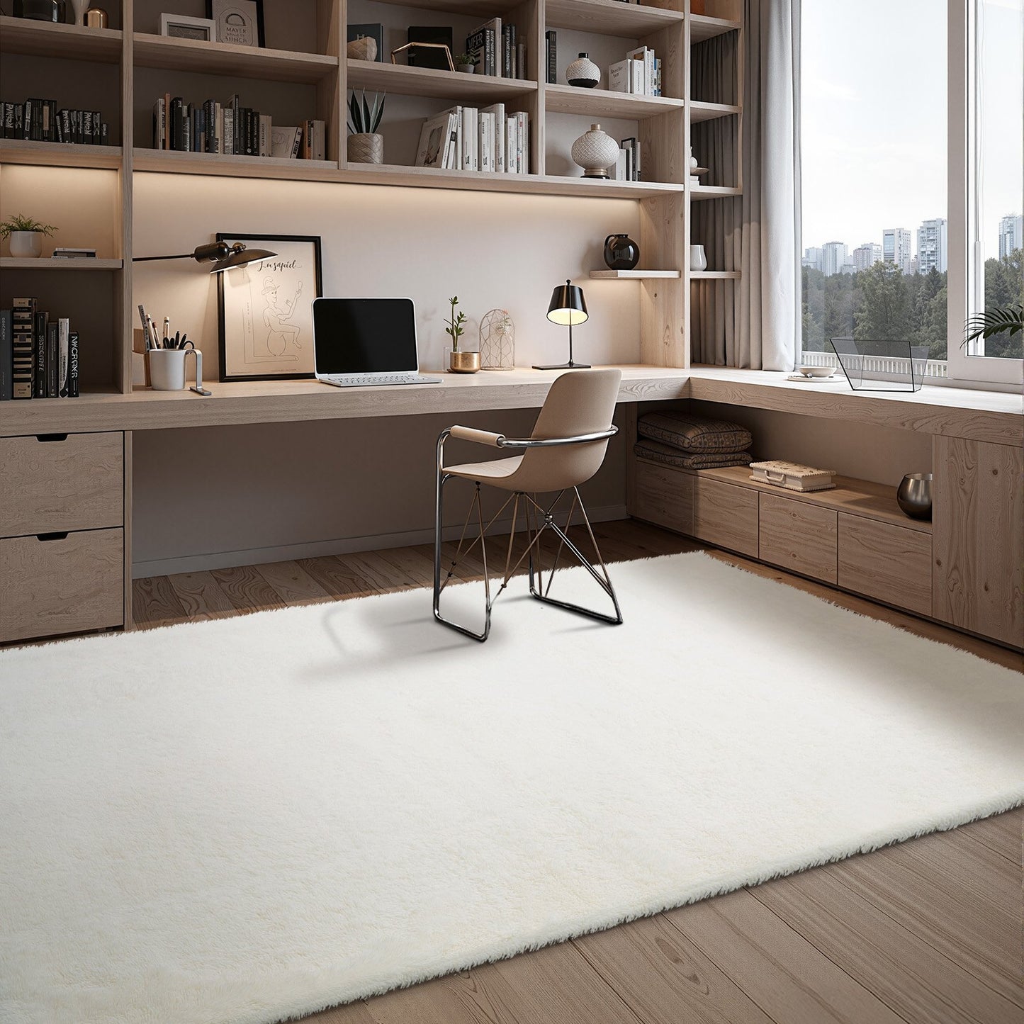 Indoor Plush Area Rugs, 2.44 x 3.05m Soft Plush Carpet, Furry Shag Area Rugs for Living Room, Bedroom, Sunroom, Modern Home Decor Aesthetic, Non-Shedding, Non-Woven, Slip-Resistant, Ivory White