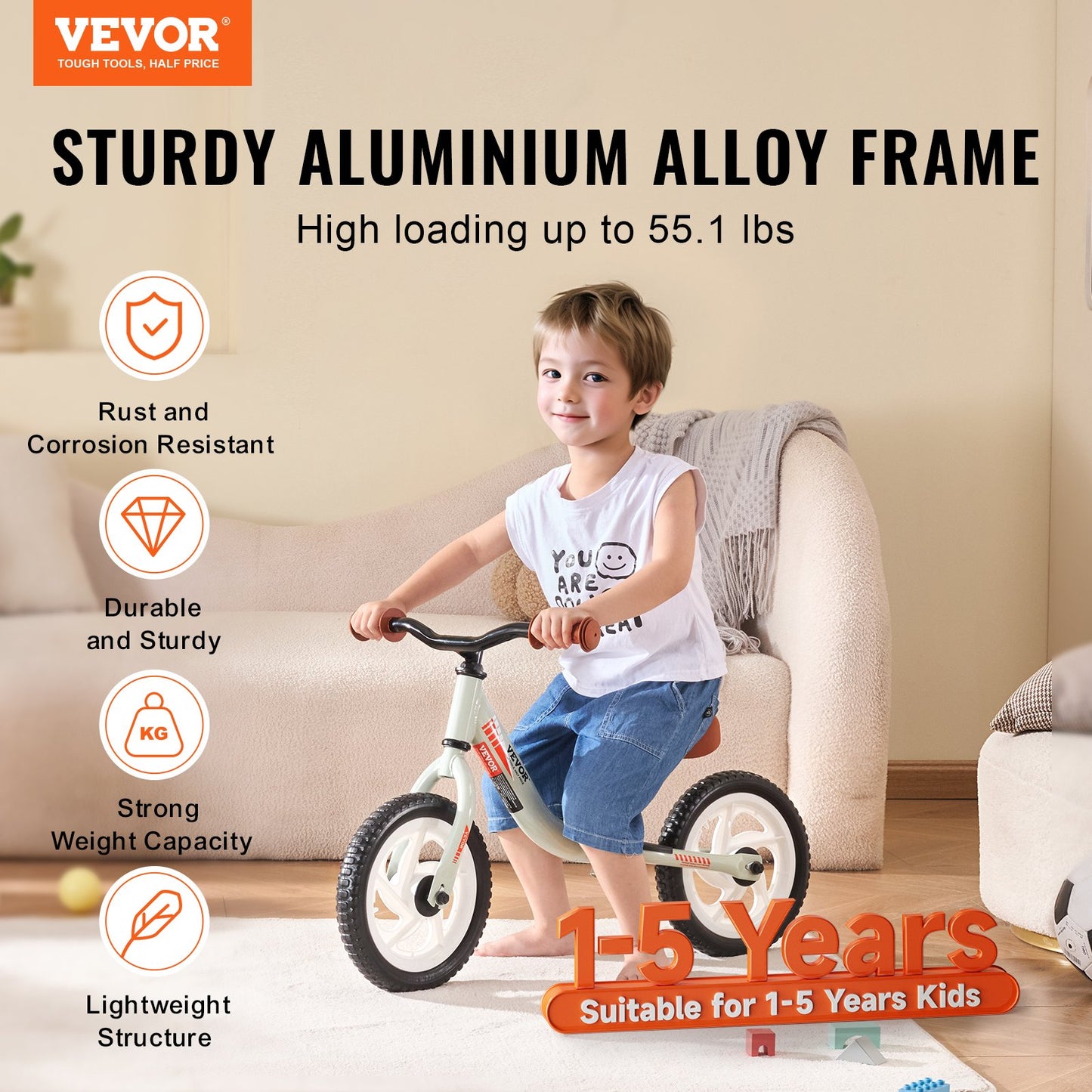 VEVOR Toddler Balance Bike, Lightweight Aluminum Alloy Balance Bicycle for Kids,