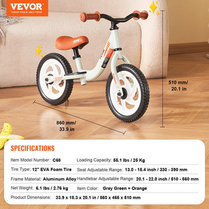 VEVOR Toddler Balance Bike, Lightweight Aluminum Alloy Balance Bicycle for Kids,
