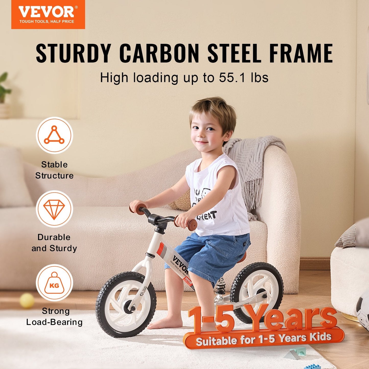 Adjustable Carbon Steel Balance Bike for Kids, No Pedals, 12" Foam Tires
