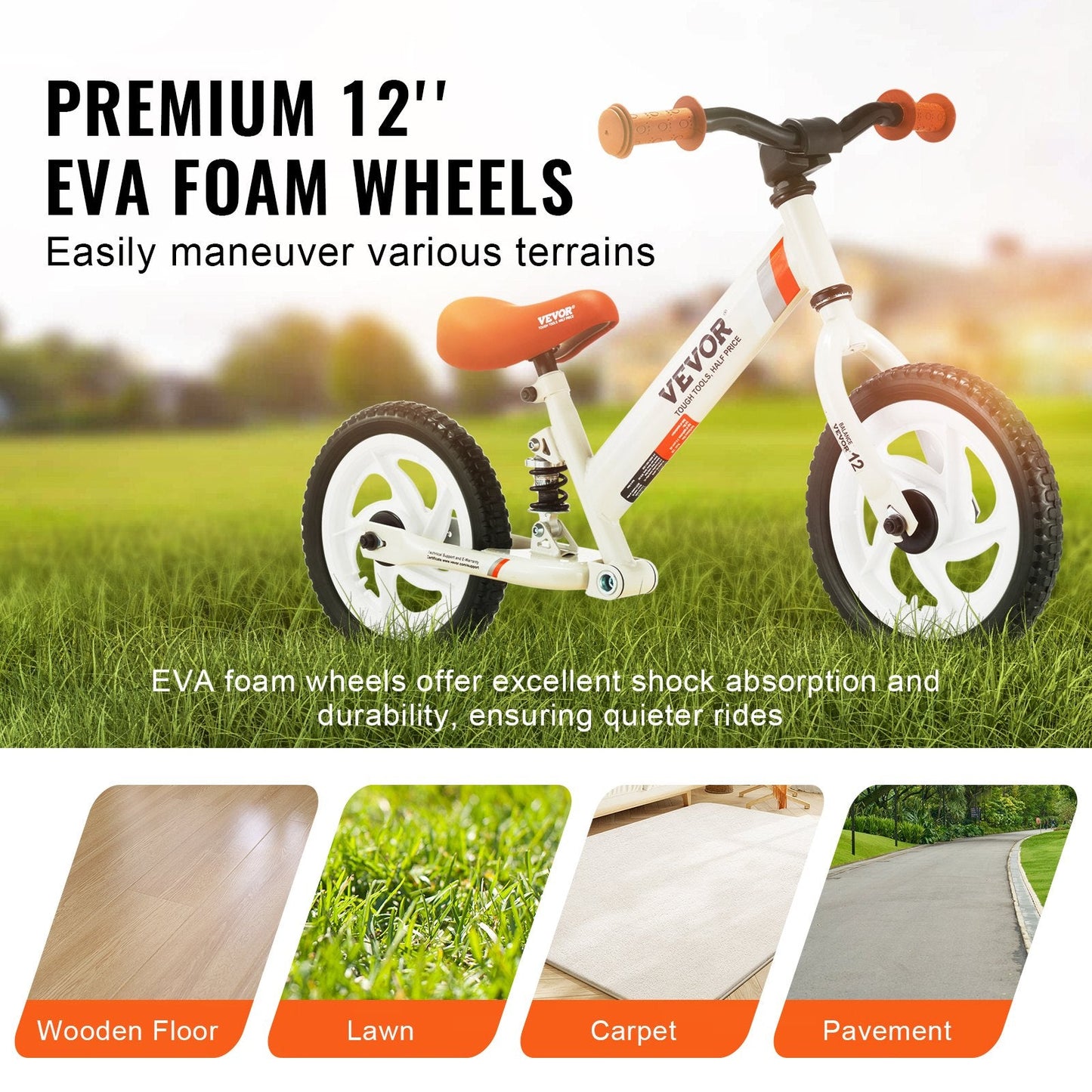 Adjustable Carbon Steel Balance Bike for Kids, No Pedals, 12" Foam Tires