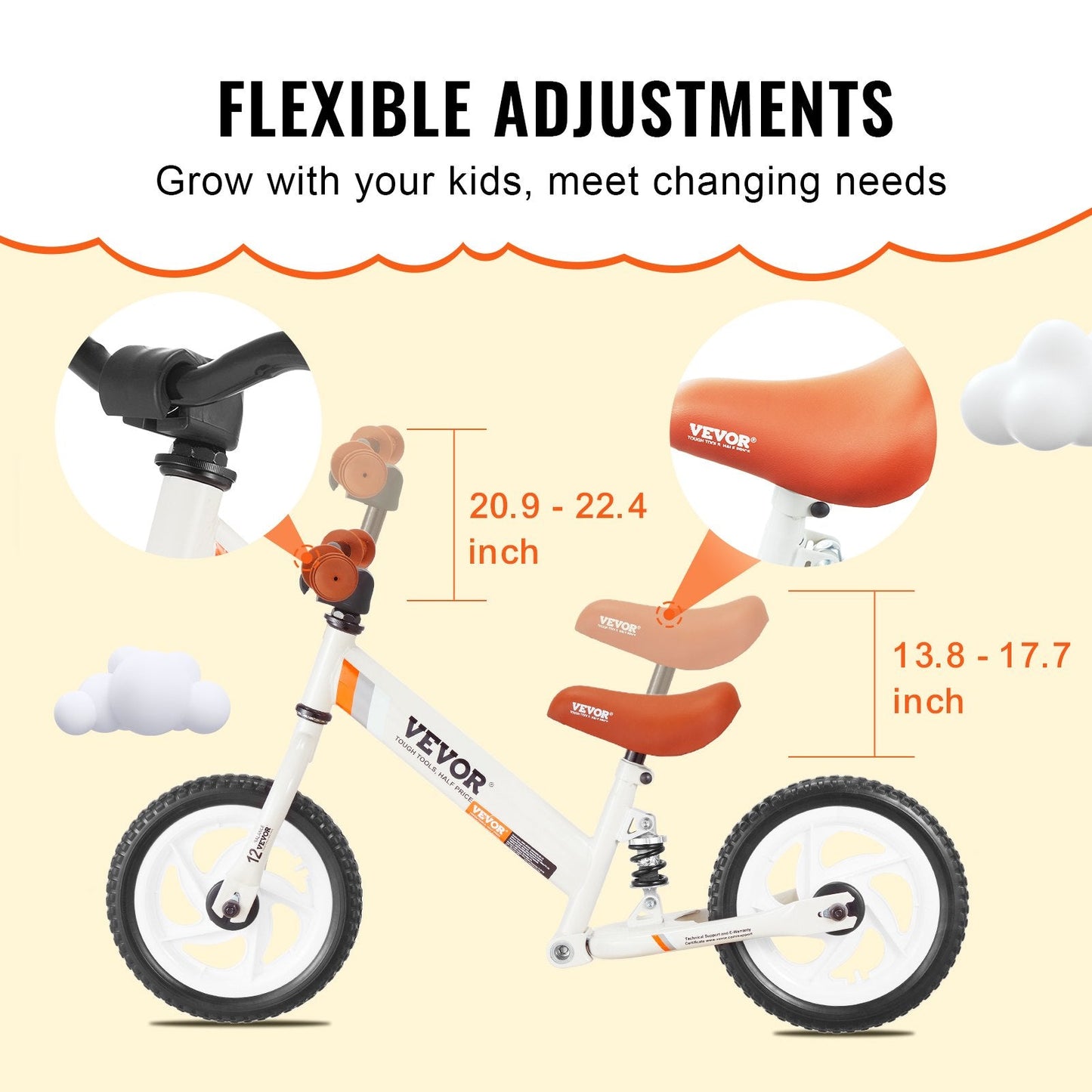 Adjustable Carbon Steel Balance Bike for Kids, No Pedals, 12" Foam Tires