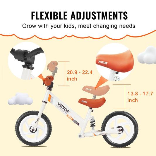 Adjustable Carbon Steel Balance Bike for Kids, No Pedals, 12" Foam Tires
