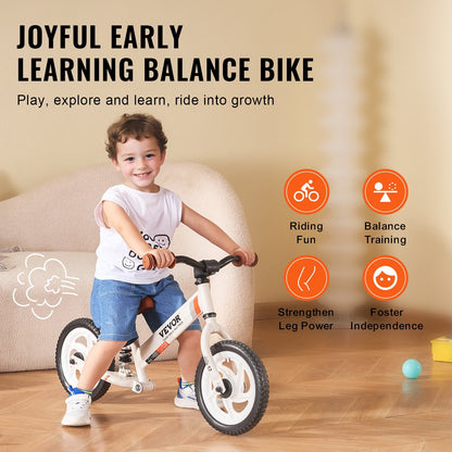 Adjustable Carbon Steel Balance Bike for Kids, No Pedals, 12" Foam Tires