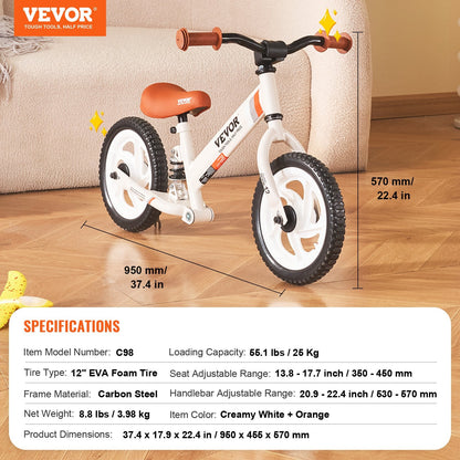 Adjustable Carbon Steel Balance Bike for Kids, No Pedals, 12" Foam Tires