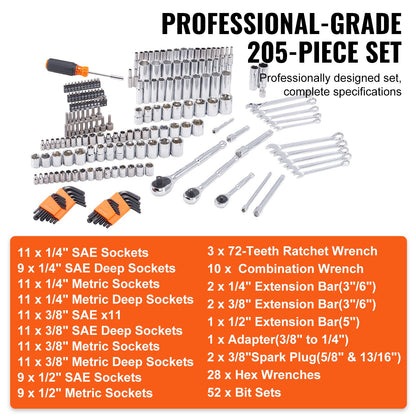 VEVOR Mechanics Tool Set and Socket Set, 1/4" 3/8" 1/2" Drive Deep and Standard