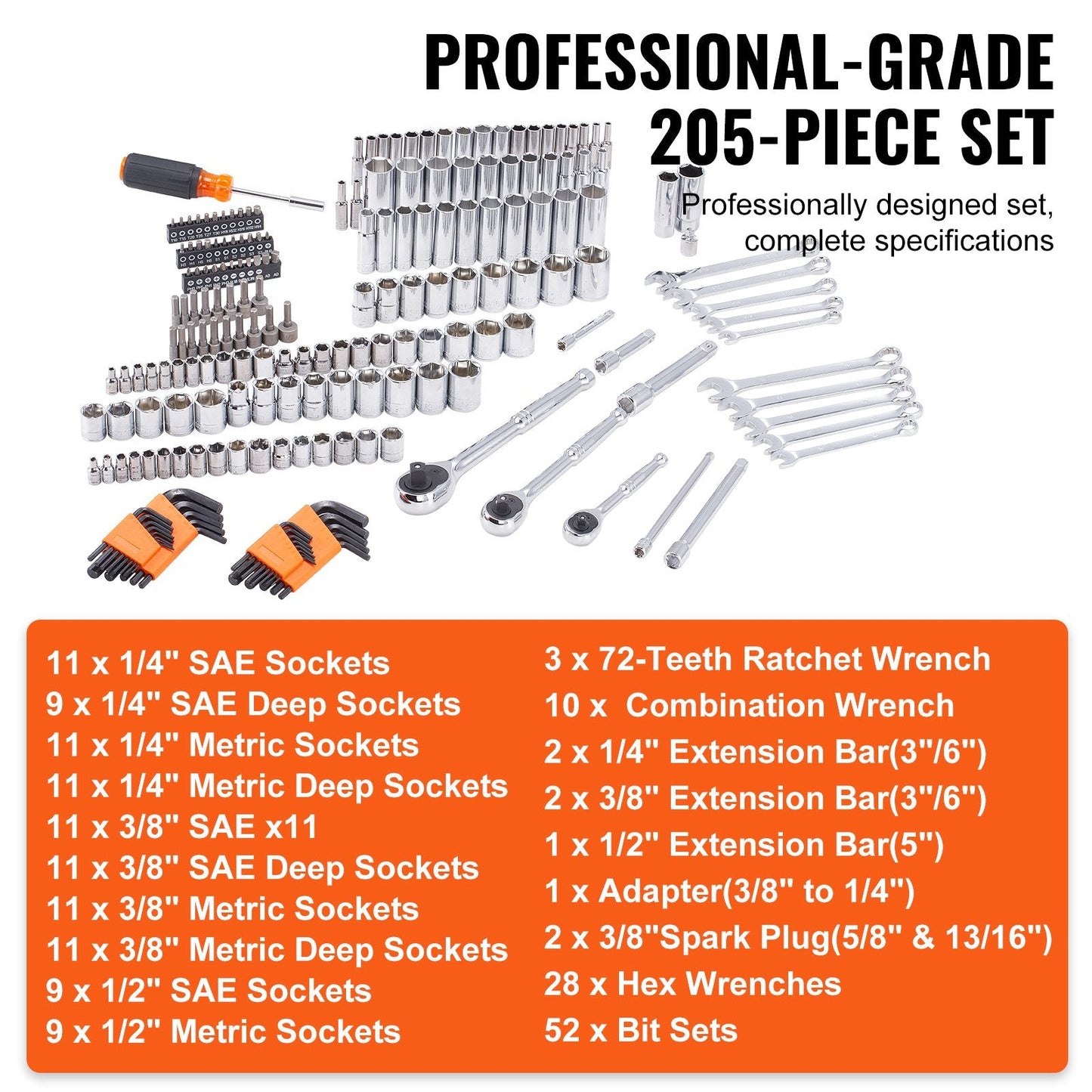 205-Piece Mechanics Tool & Socket Set with Storage Case, SAE & Metric