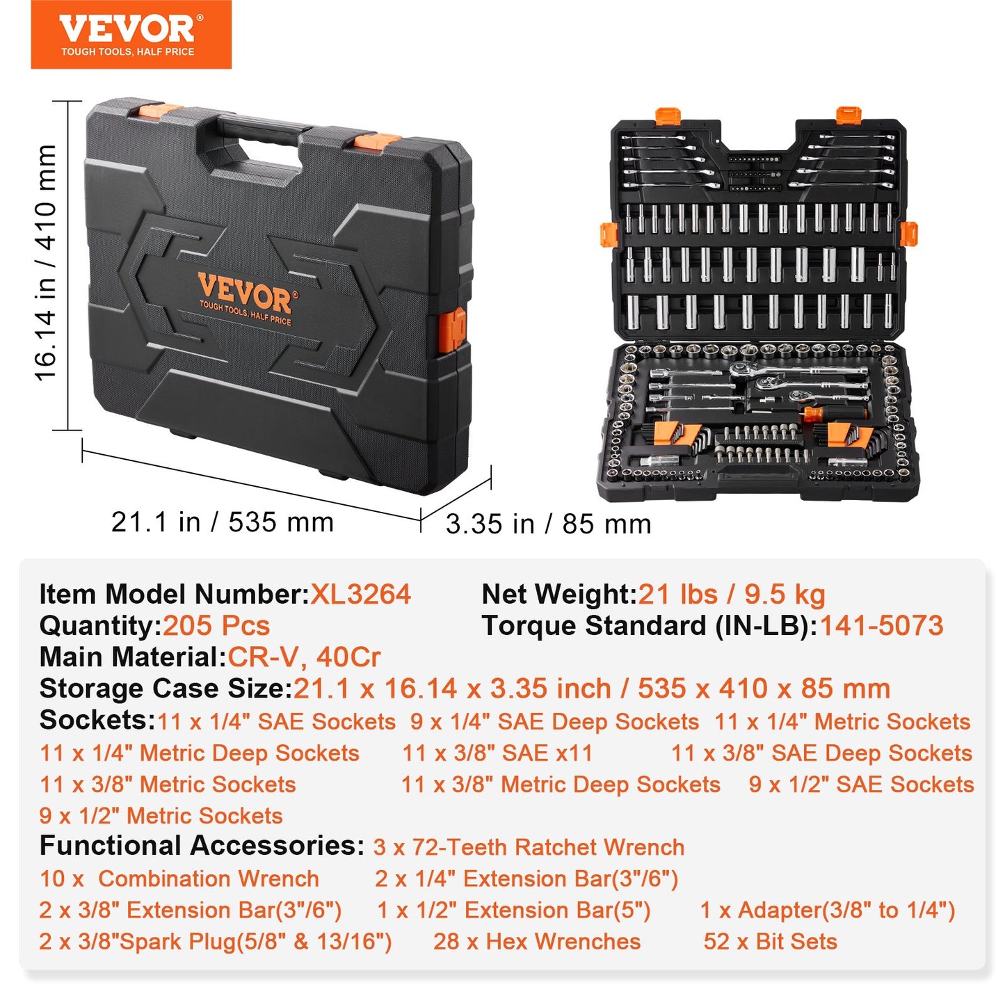 VEVOR Mechanics Tool Set and Socket Set, 1/4" 3/8" 1/2" Drive Deep and Standard