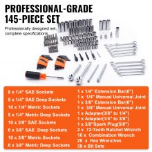 VEVOR Mechanics Tool Set and Socket Set 1/4in 3/8in Drive 145 Pcs SAE and Metric