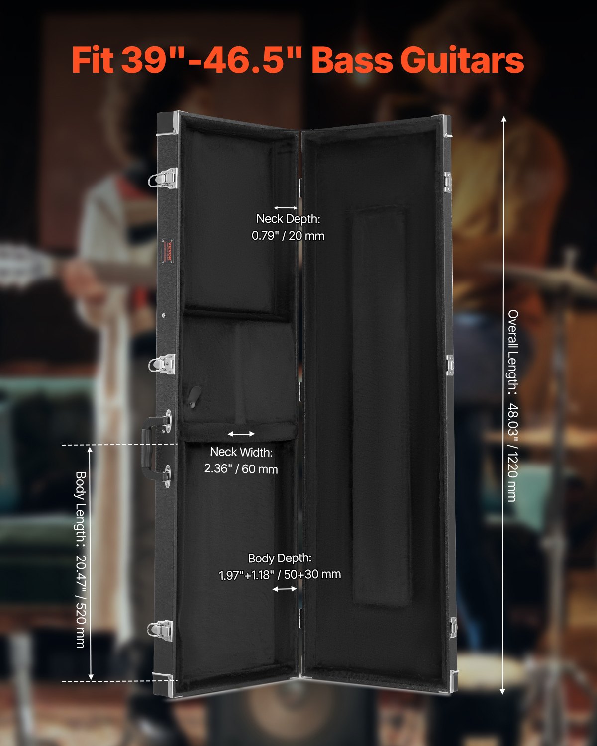 VEVOR Bass Guitar Hard Case 1220 mm Waterproof With Lock And Key for Bass Guitar