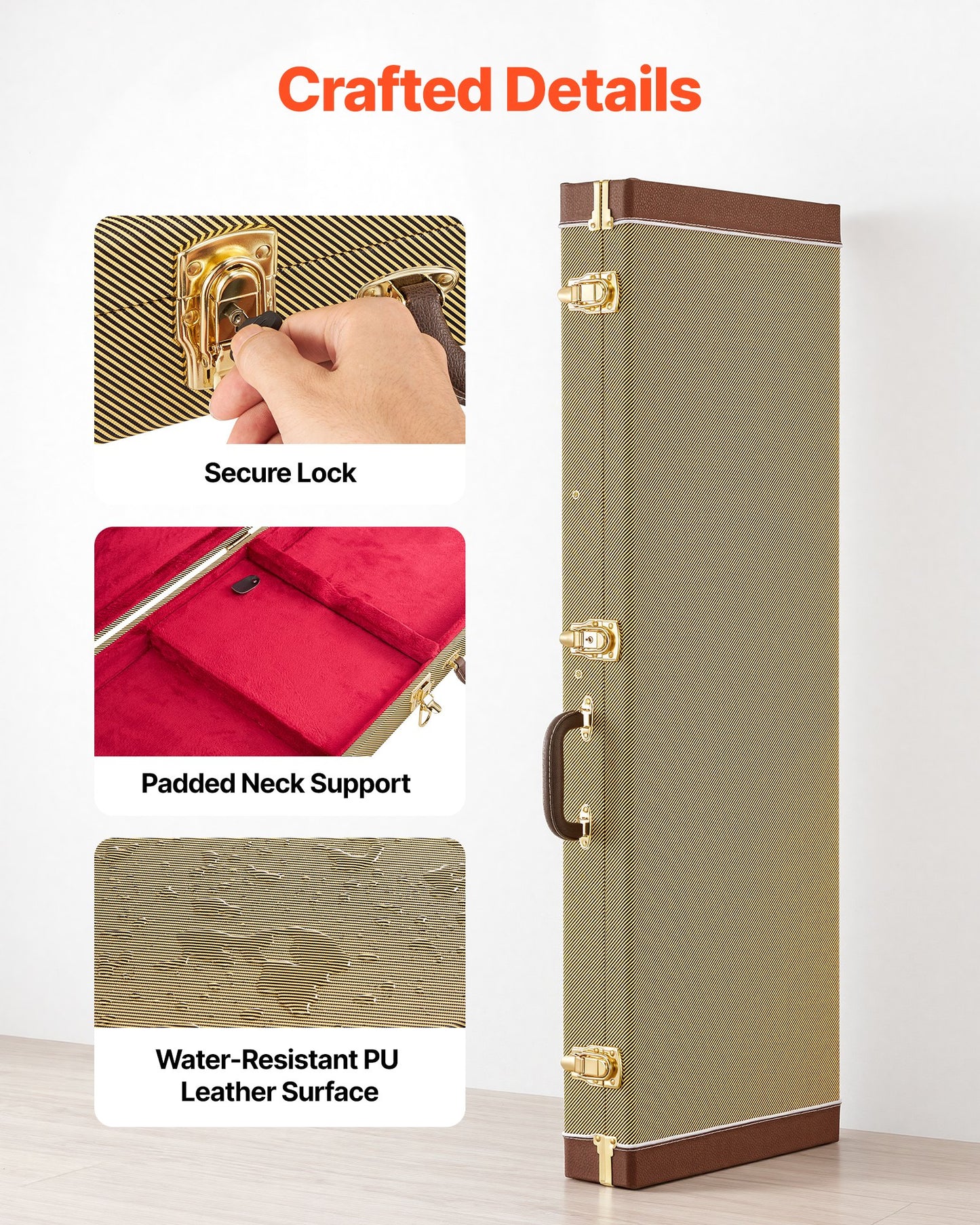 Electric Guitar Hard Case, 1050 MM, Rectangle Wooden Hard-Shell Protective Carrying Case, with Lock Latch, Padding, Accessory Compartment, Key, for 39 Inch Tele/ST Electric Guitars, Yellow