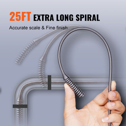 25ft Drain Snake with Autofeed, Manual/Electric Modes, 0.63cm Cable Diameter
