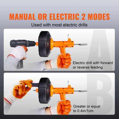 25ft Drain Snake with Autofeed, Manual/Electric Modes, 0.63cm Cable Diameter