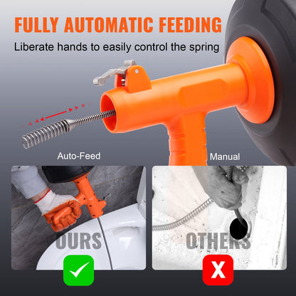 VEVOR Drain Auger 25ft 1/4in Drum Plumbing Drain Snake Clog Remover Autofeed