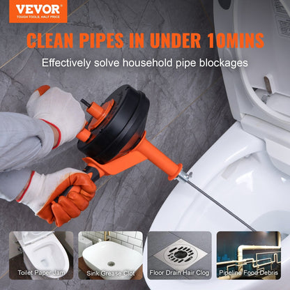 Manual-Feed Drain Snake, 7.62m Cable, 1.4kg, for Pipe Blockages