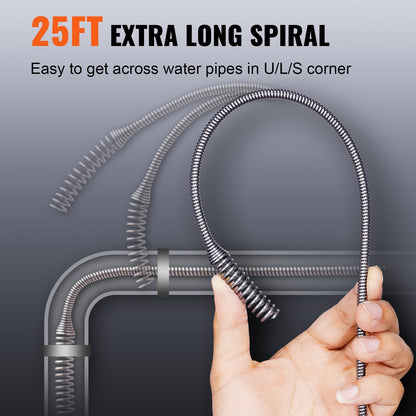 Manual-Feed Drain Snake, 7.62m Cable, 1.4kg, for Pipe Blockages