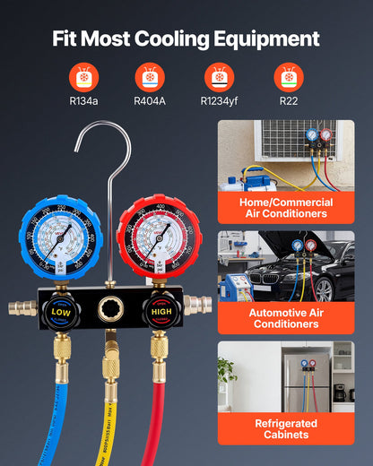 AC Manifold Gauge Set for R134a R404A R1234yf R22 Refrigerant, 3 Way AC Gauge with 1.5m Hoses, Adapters, Quick Couplers, Can Taps for Automotive Air Conditioning Maintenance, Charging Evacuation