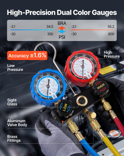 AC Manifold Gauge Set for R134a R404A R1234yf R22 Refrigerant, 3 Way AC Gauge with 1.5m Hoses, Adapters, Quick Couplers, Can Taps for Automotive Air Conditioning Maintenance, Charging Evacuation