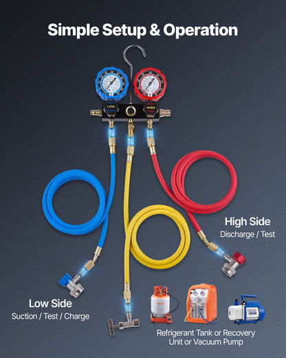 AC Manifold Gauge Set for R134a R404A R1234yf R22 Refrigerant, 3 Way AC Gauge with 1.5m Hoses, Adapters, Quick Couplers, Can Taps for Automotive Air Conditioning Maintenance, Charging Evacuation
