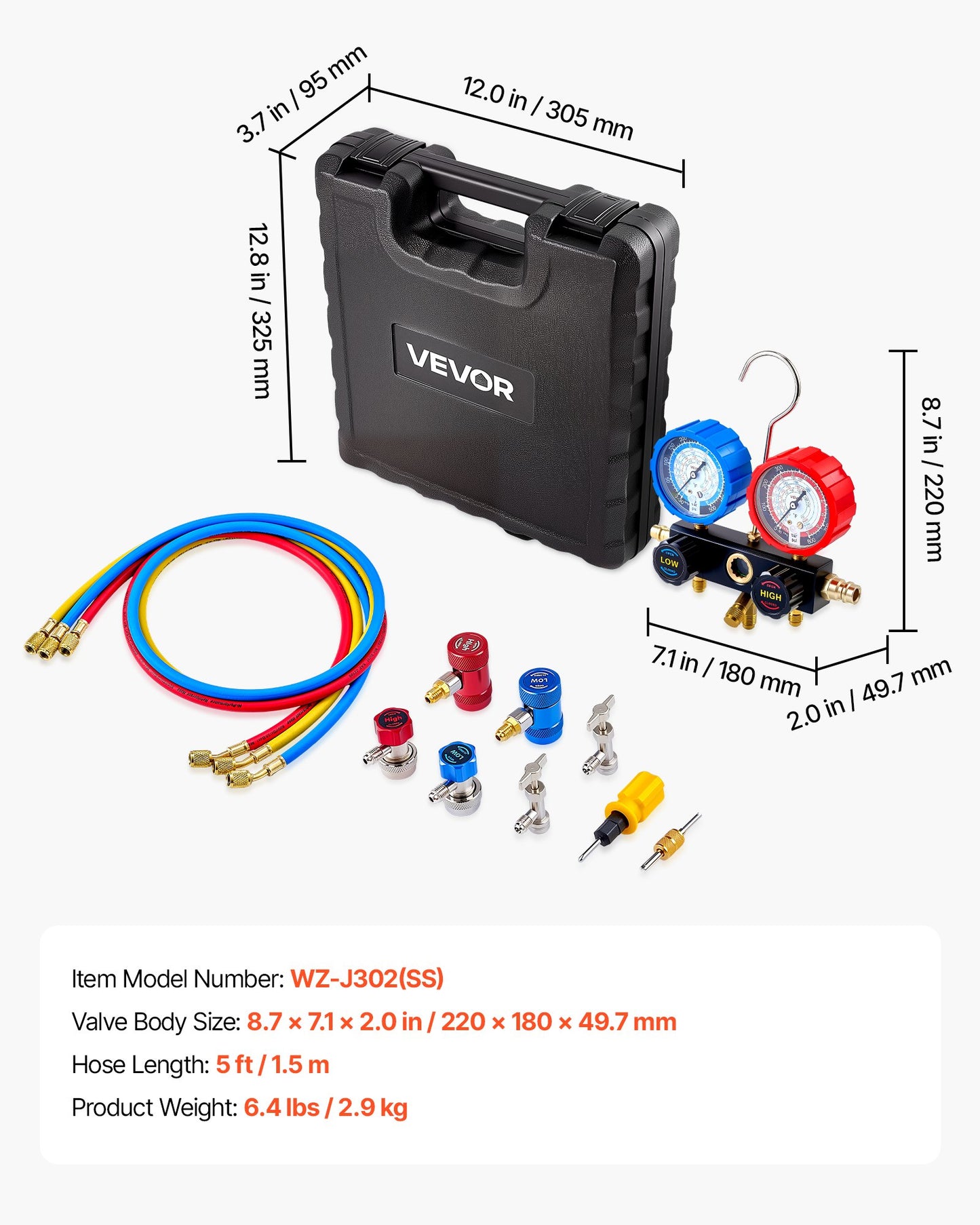 AC Manifold Gauge Set for R134a R404A R1234yf R22 Refrigerant, 3 Way AC Gauge with 1.5m Hoses, Adapters, Quick Couplers, Can Taps for Automotive Air Conditioning Maintenance, Charging Evacuation