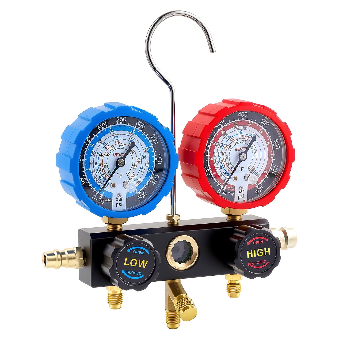 AC Manifold Gauge Set for R134a R404A R1234yf R22 Refrigerant, 3 Way AC Gauge with 1.5m Hoses, Adapters, Quick Couplers, Can Taps for Automotive Air Conditioning Maintenance, Charging Evacuation