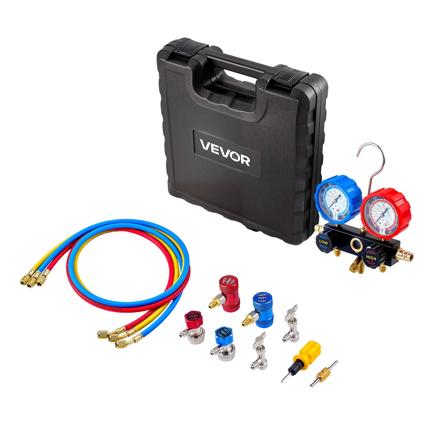 AC Manifold Gauge Set for R134a R404A R1234yf R22 Refrigerant, 3 Way AC Gauge with 1.5m Hoses, Adapters, Quick Couplers, Can Taps for Automotive Air Conditioning Maintenance, Charging Evacuation