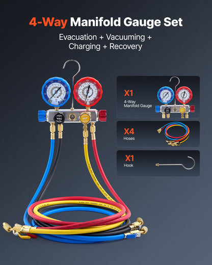 AC Manifold Gauge Set for R22 R404A R410A R12 Refrigerants, 4 Way AC Gauges with 1.5 m Hoses for Automotive & Household Air Conditioning Maintenance, Evacuation Vacuuming Charging and Recovery