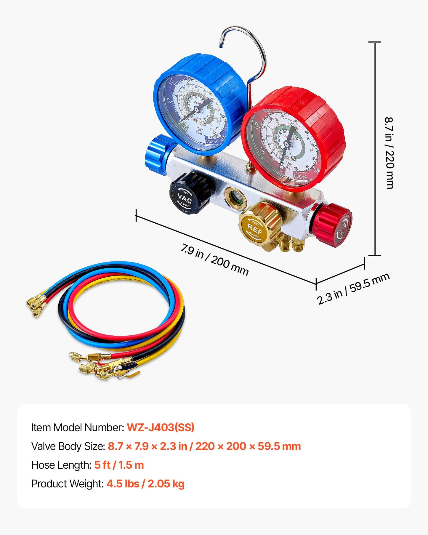 AC Manifold Gauge Set for R22 R404A R410A R12 Refrigerants, 4 Way AC Gauges with 1.5 m Hoses for Automotive & Household Air Conditioning Maintenance, Evacuation Vacuuming Charging and Recovery