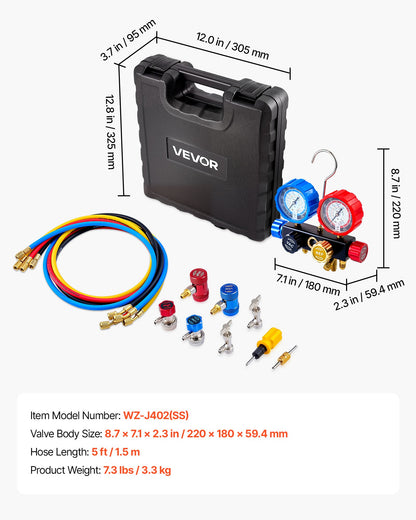 AC Manifold Gauge Set for R134a R404A R1234yf R22 Refrigerant, 4 Way AC Gauge with 1.5m Hoses, Adapters, Quick Couplers, Can Taps for Automotive Air Conditioning Maintenance, Charging Evacuation