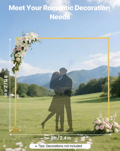 Arch Backdrop Stand, 2.4 x 2.4 m, Stable Structure, Easy Assembly, Square Gold Metal Arch Backdrop Stand for Wedding, Birthday Party, Graduation, Holiday Celebration, and Ceremony Decoration
