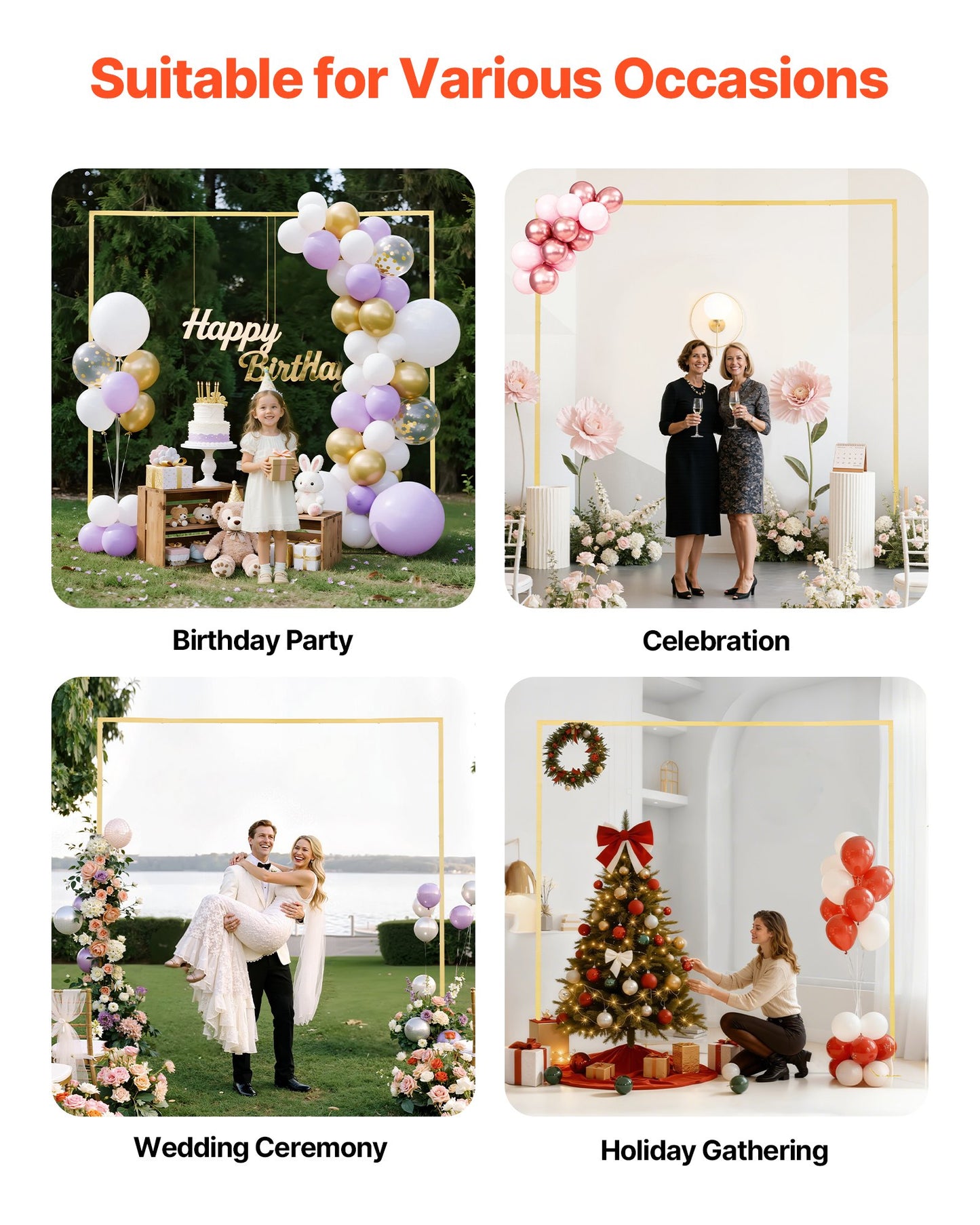 Arch Backdrop Stand, 2.4 x 2.4 m, Stable Structure, Easy Assembly, Square Gold Metal Arch Backdrop Stand for Wedding, Birthday Party, Graduation, Holiday Celebration, and Ceremony Decoration