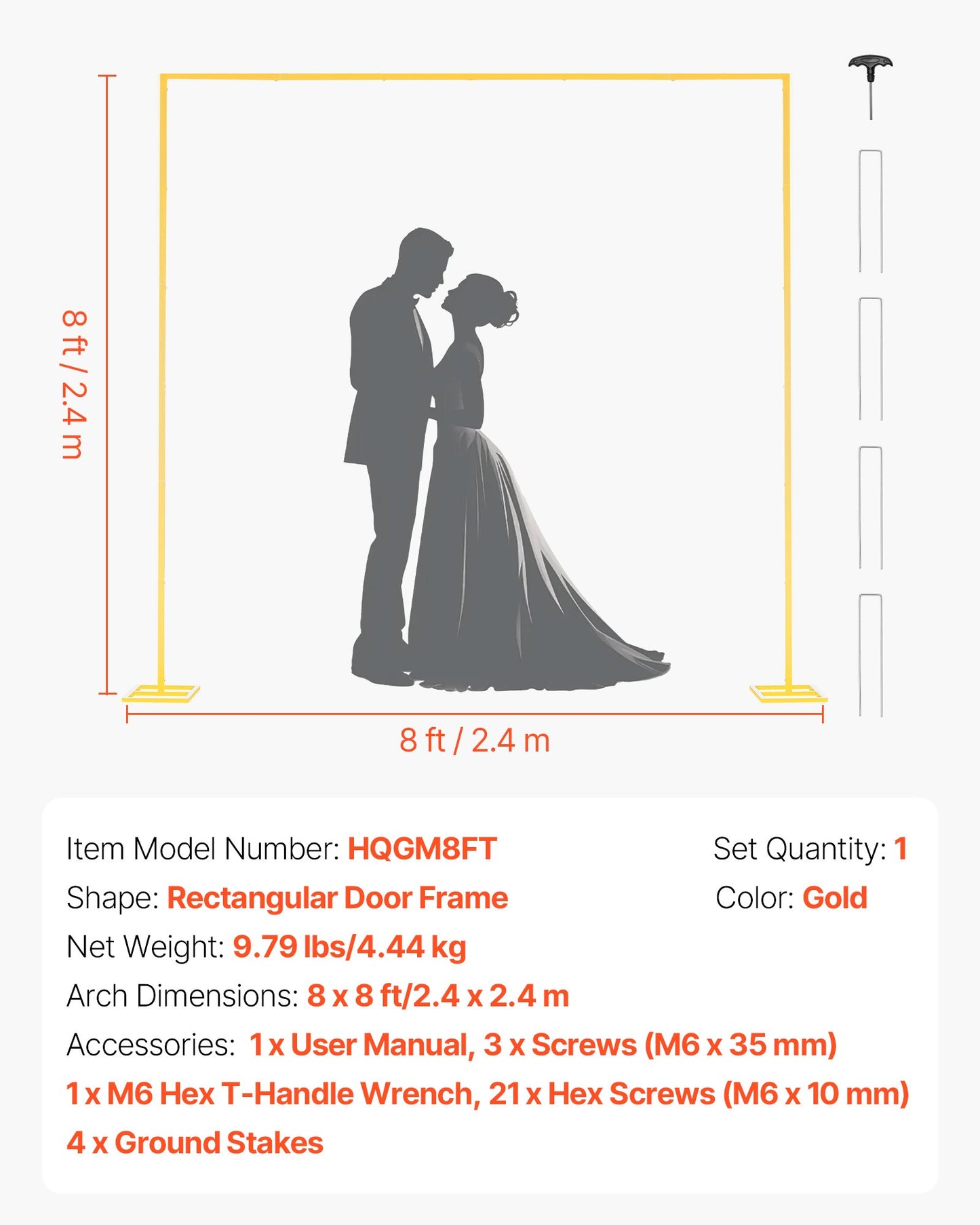 Arch Backdrop Stand, 2.4 x 2.4 m, Stable Structure, Easy Assembly, Square Gold Metal Arch Backdrop Stand for Wedding, Birthday Party, Graduation, Holiday Celebration, and Ceremony Decoration