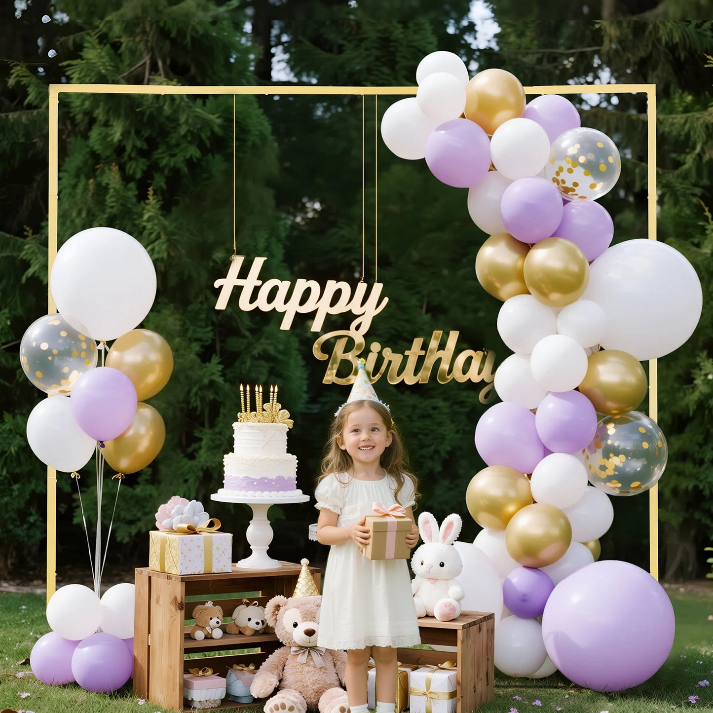 Arch Backdrop Stand, 2.4 x 2.4 m, Stable Structure, Easy Assembly, Square Gold Metal Arch Backdrop Stand for Wedding, Birthday Party, Graduation, Holiday Celebration, and Ceremony Decoration