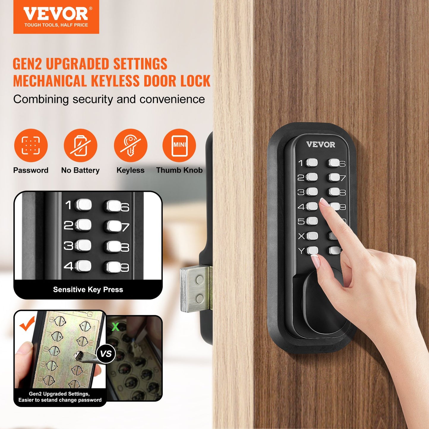 VEVOR Mechanical Keyless Entry Door Lock, 14 Digit Keypad, Water-proof Zinc Alloy,