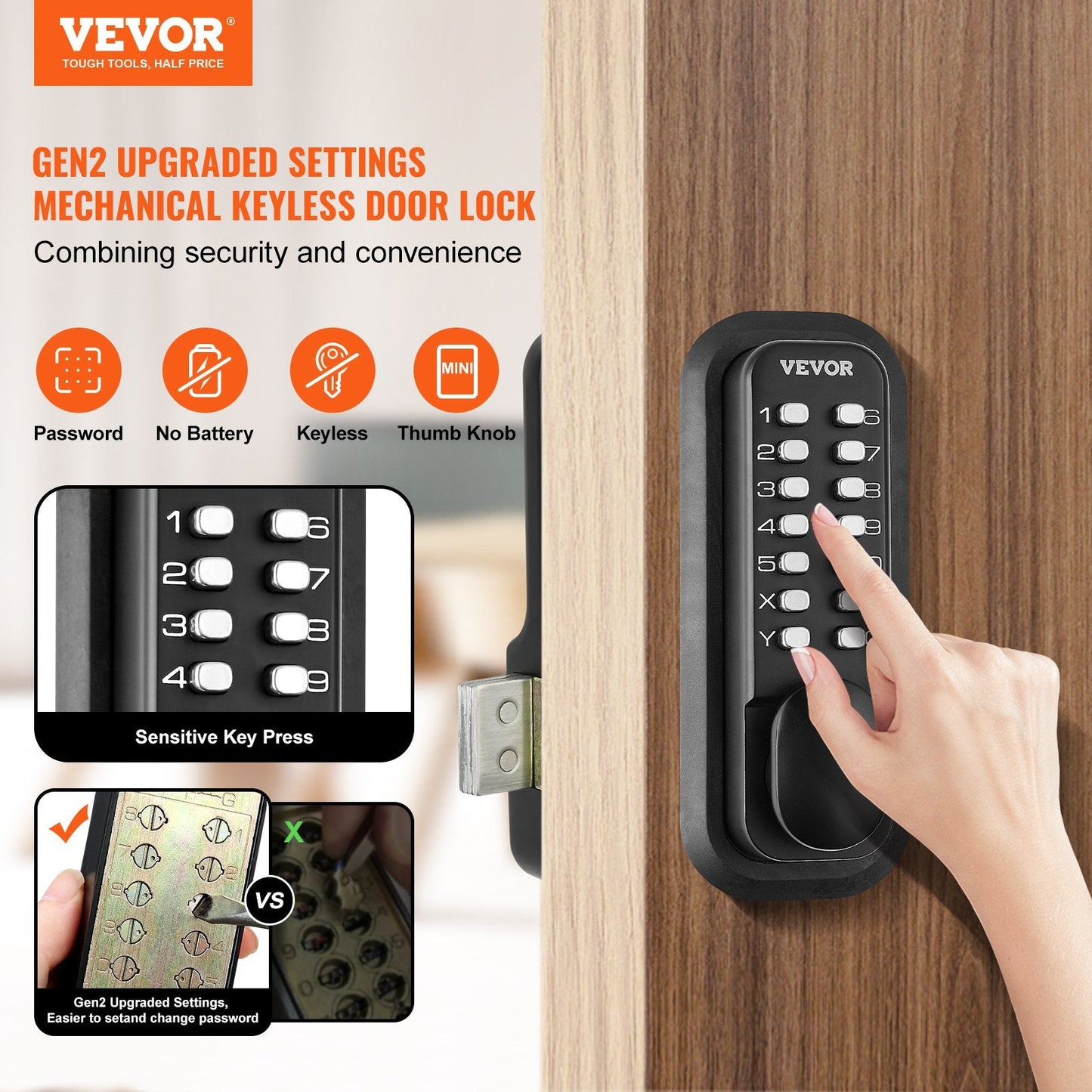 Mechanical Keyless Door Lock, 14-Digit Keypad, Waterproof Zinc Alloy, Easy Install