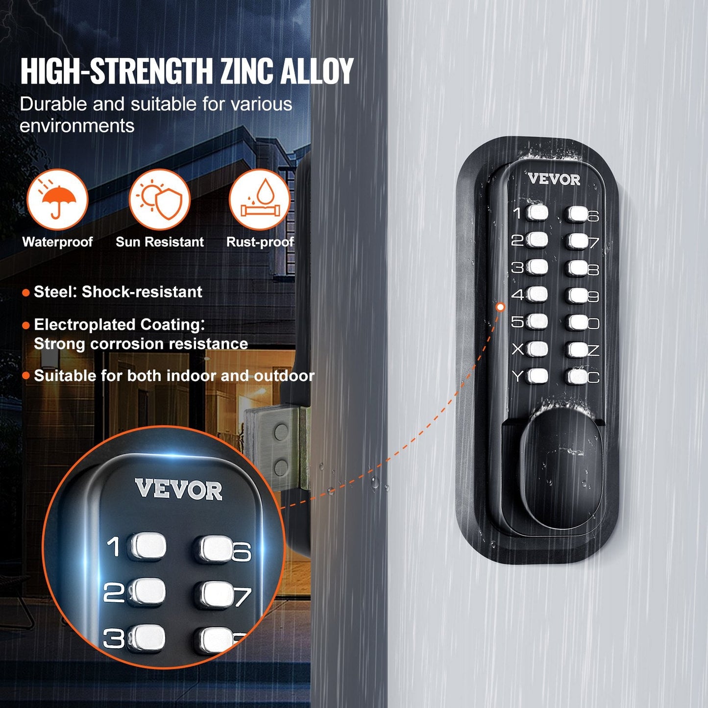 Mechanical Keyless Door Lock, 14-Digit Keypad, Waterproof Zinc Alloy, Easy Install