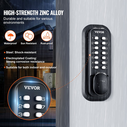 Mechanical Keyless Door Lock, 14-Digit Keypad, Waterproof Zinc Alloy, Easy Install