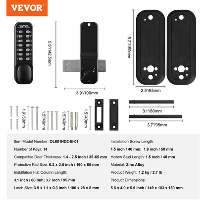 VEVOR Mechanical Keyless Entry Door Lock, 14 Digit Keypad, Water-proof Zinc Alloy,