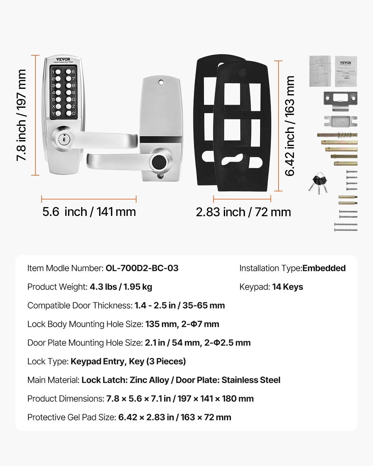 VEVOR Mechanical Keyless Entry Door Lock 14 Key Mechanical Door Lock with Key