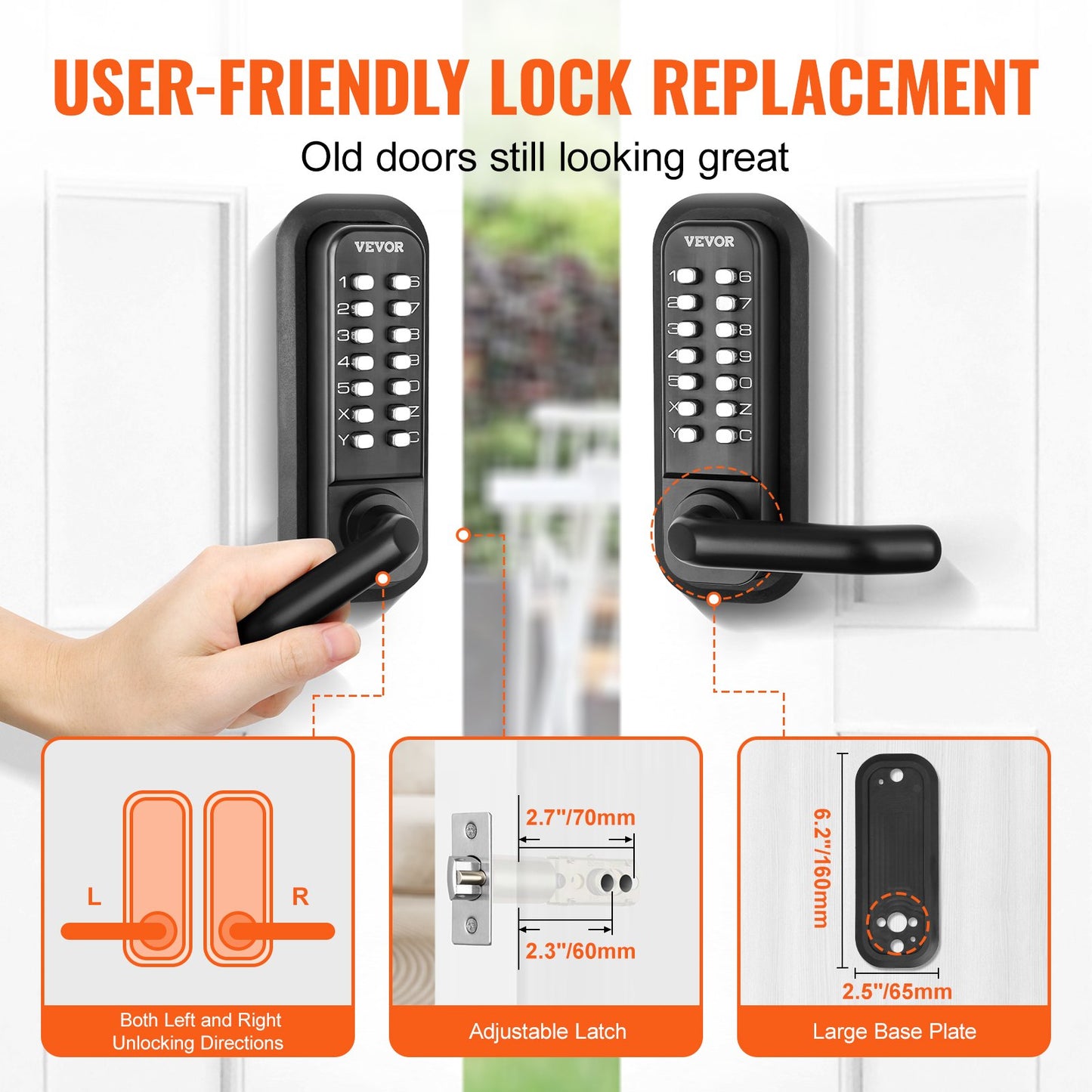 VEVOR Mechanical Keyless Entry Door Lock, 14 Digit Keypad, Water-proof Zinc Alloy,