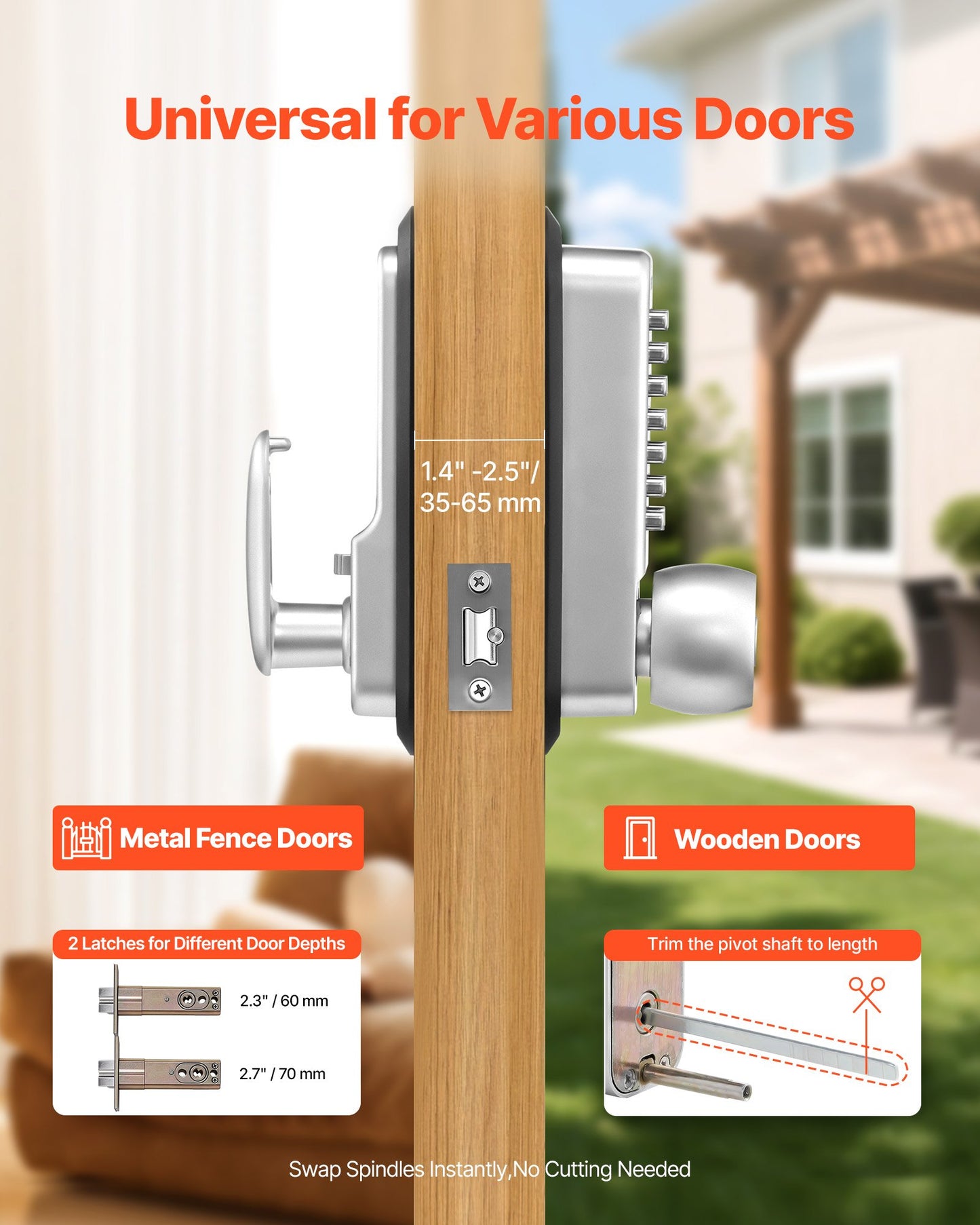Mechanical Keyless Entry Door Lock, 2.0 Code Upgrade, 4-7 Digits Code, Single-Sided Push Button Combination Mechanical Keypad Door Knob, Auto Locking, for Garden Gates, Indoor or Outdoor, Silver