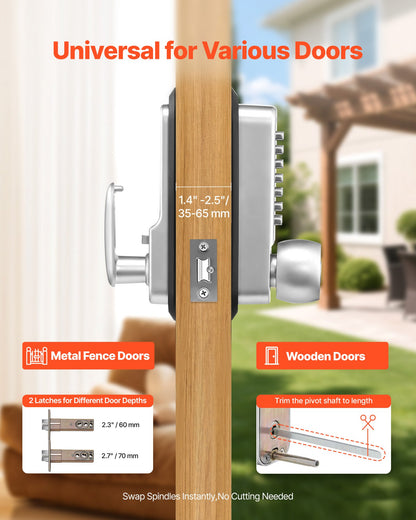 Mechanical Keyless Entry Door Lock, 2.0 Code Upgrade, 4-7 Digits Code, Single-Sided Push Button Combination Mechanical Keypad Door Knob, Auto Locking, for Garden Gates, Indoor or Outdoor, Silver