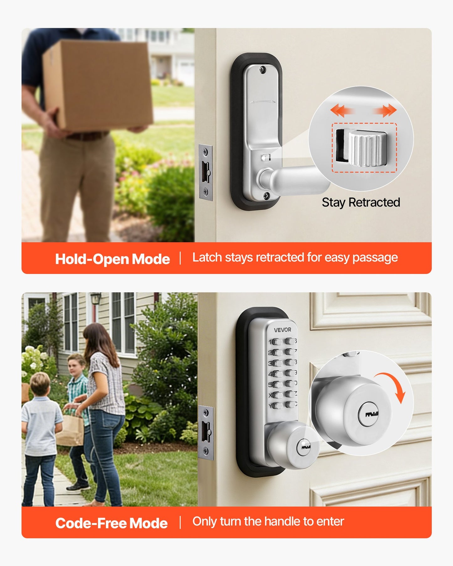 Mechanical Keyless Entry Door Lock, 2.0 Code Upgrade, 4-7 Digits Code, Single-Sided Push Button Combination Mechanical Keypad Door Knob, Auto Locking, for Garden Gates, Indoor or Outdoor, Silver