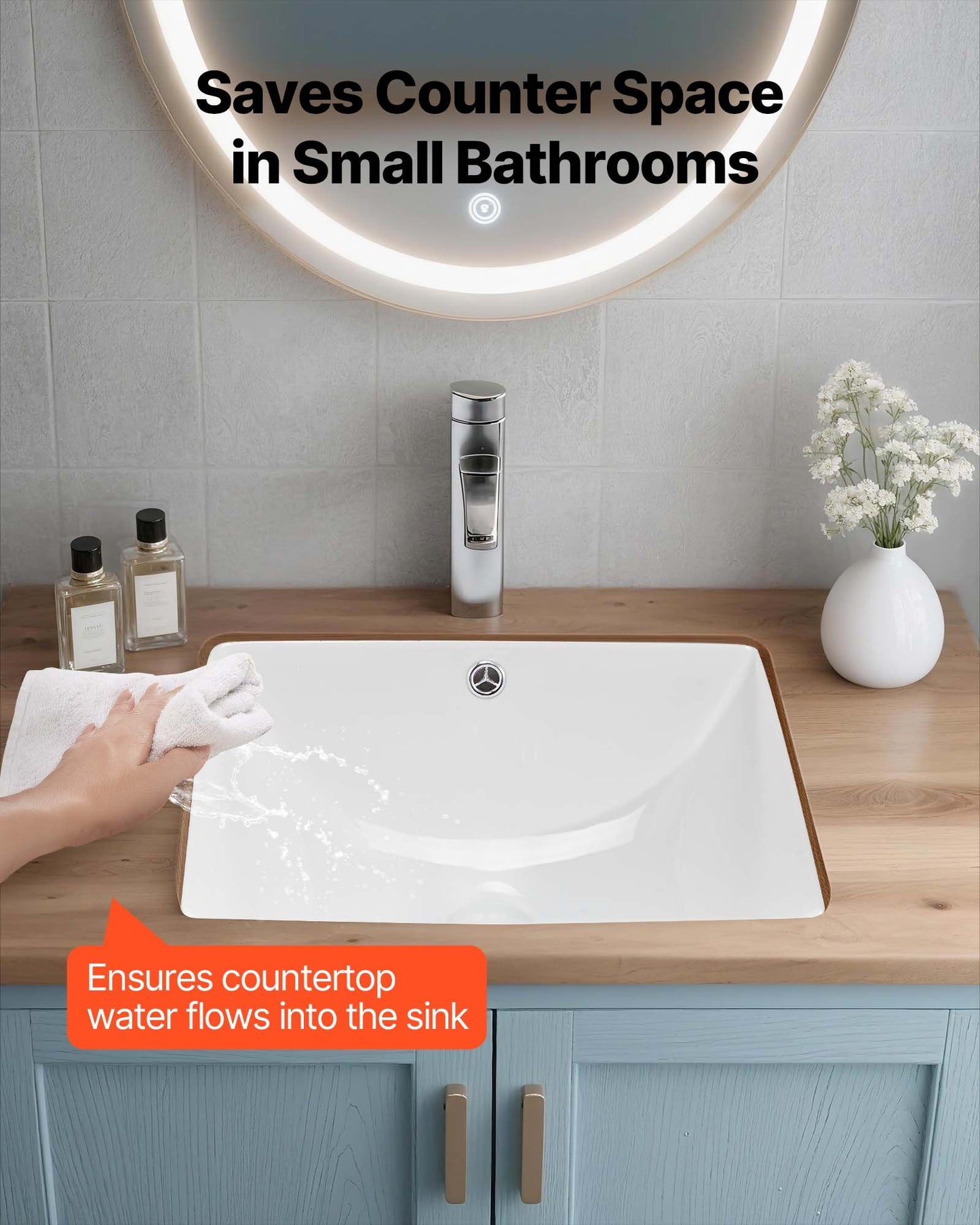 Undermount Bathroom Sink, 460 x 330 mm Rectangular White Ceramic Vessel Sink with Overflow Hole, Under Counter Drop in Modern Lavatory Vanity Bath Wash Bowl Basin, Rectangle for Small Space