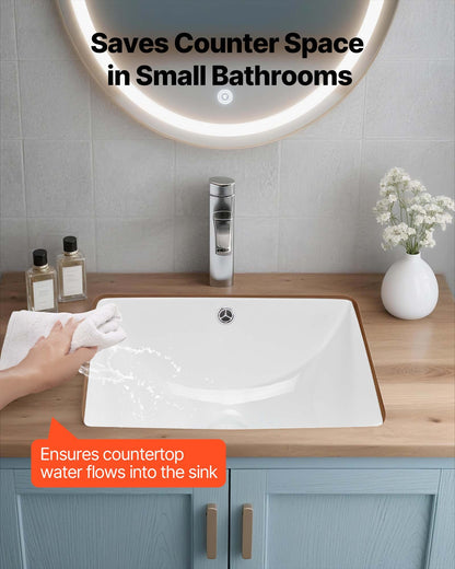 Undermount Bathroom Sink, 460 x 330 mm Rectangular White Ceramic Vessel Sink with Overflow Hole, Under Counter Drop in Modern Lavatory Vanity Bath Wash Bowl Basin, Rectangle for Small Space