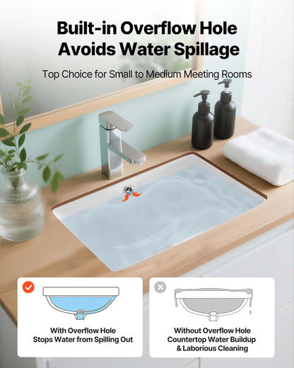 Undermount Bathroom Sink, 460 x 330 mm Rectangular White Ceramic Vessel Sink with Overflow Hole, Under Counter Drop in Modern Lavatory Vanity Bath Wash Bowl Basin, Rectangle for Small Space
