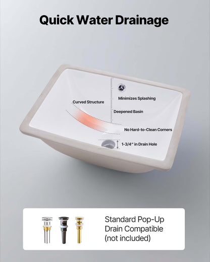 Undermount Bathroom Sink, 460 x 330 mm Rectangular White Ceramic Vessel Sink with Overflow Hole, Under Counter Drop in Modern Lavatory Vanity Bath Wash Bowl Basin, Rectangle for Small Space