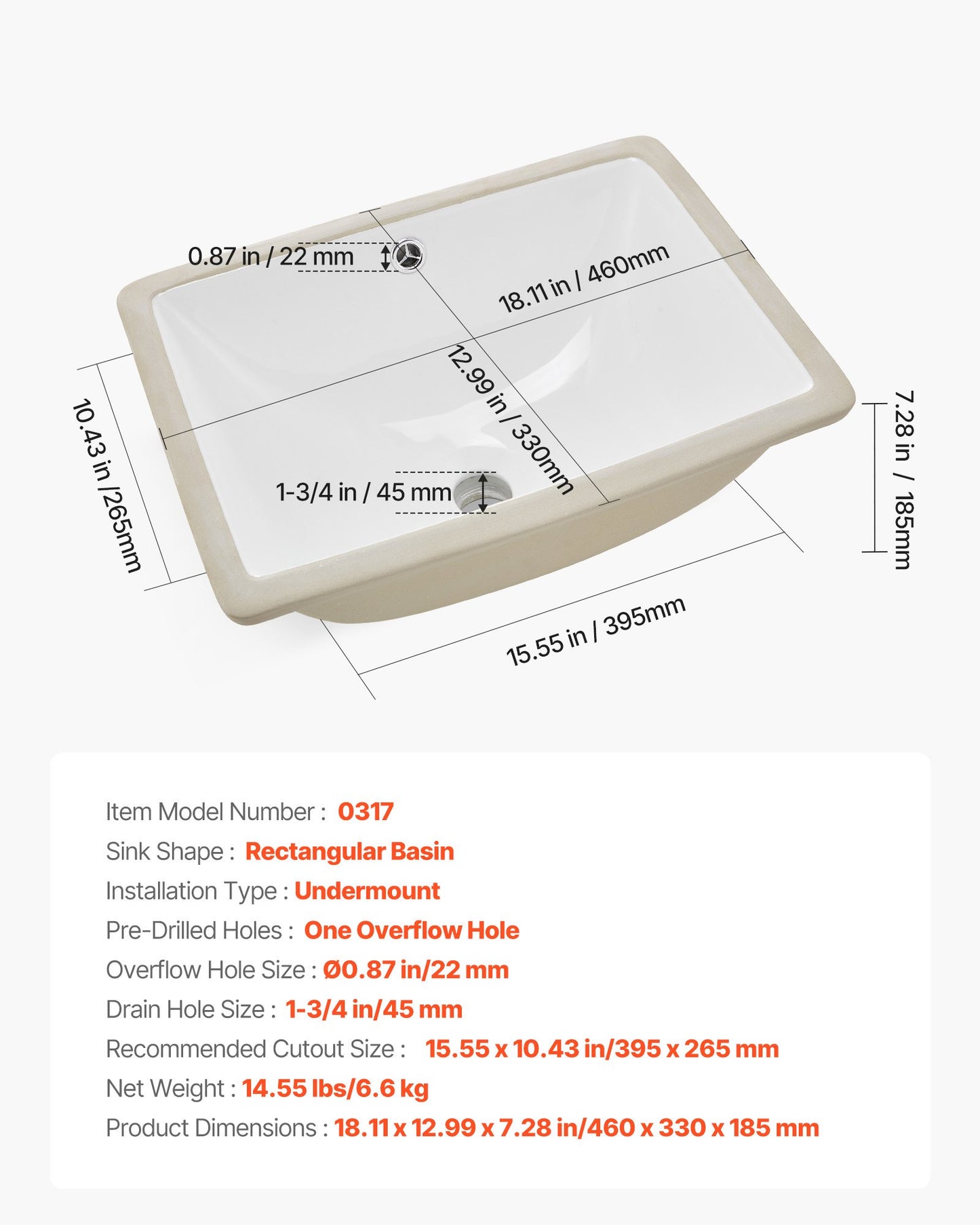 Undermount Bathroom Sink, 460 x 330 mm Rectangular White Ceramic Vessel Sink with Overflow Hole, Under Counter Drop in Modern Lavatory Vanity Bath Wash Bowl Basin, Rectangle for Small Space