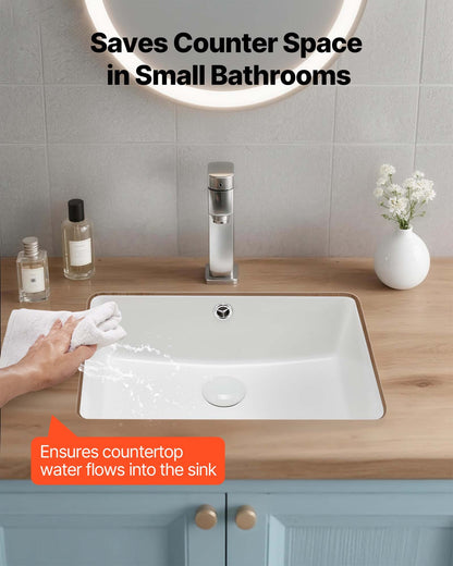 Undermount Bathroom Sink, 470 x 335 mm Rectangular White Ceramic Vessel Sink with Overflow Hole, Under Counter Drop in Modern Lavatory Vanity Bath Wash Bowl Basin, Rectangle for Small Space
