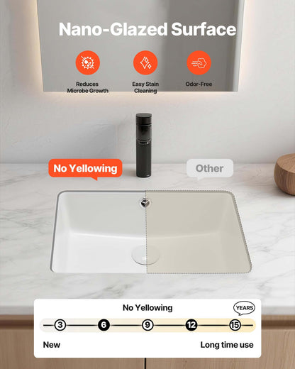 Undermount Bathroom Sink, 470 x 335 mm Rectangular White Ceramic Vessel Sink with Overflow Hole, Under Counter Drop in Modern Lavatory Vanity Bath Wash Bowl Basin, Rectangle for Small Space